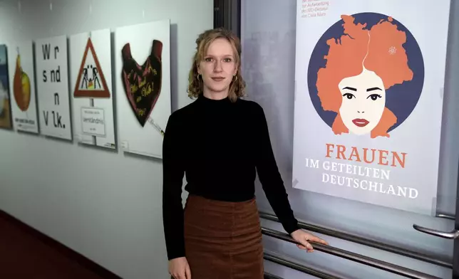 Clara Marz an Organizer of an exhibition about women attends an interview with the Associated Press in her office in Berlin, Germany, Thursday, Oct. 17, 2024. (AP Photo/Ebrahim Noroozi)