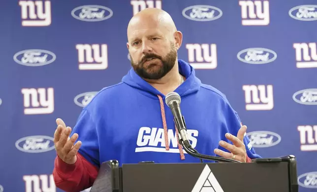 New York Giants head coach Brian Daboll answers questions after an NFL football game against the Pittsburgh Steelers, Monday, Oct. 28, 2024, in Pittsburgh. (AP Photo/Matt Freed)