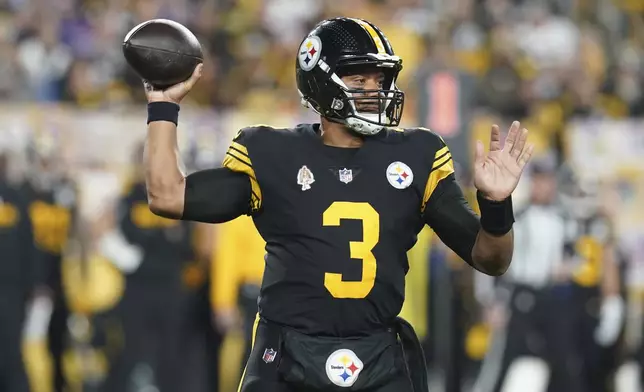 Pittsburgh Steelers quarterback Russell Wilson (3) throws a pass during the first half of an NFL football game against the New York Giants, Monday, Oct. 28, 2024, in Pittsburgh. (AP Photo/Matt Freed)