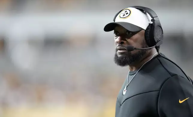 Pittsburgh Steelers head coach Mike Tomlin looks on from the sideline during the first half of an NFL football game against the New York Giants, Monday, Oct. 28, 2024, in Pittsburgh. (AP Photo/Gene J. Puskar)