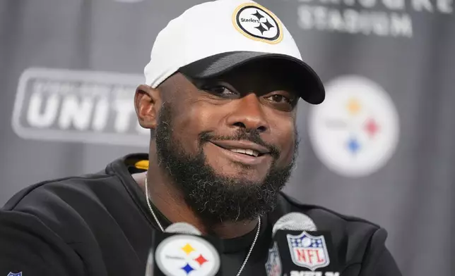 Pittsburgh Steelers head coach Mike Tomlin fields questions after an NFL football game against the New York Giants, Monday, Oct. 28, 2024, in Pittsburgh. (AP Photo/Gene J. Puskar)