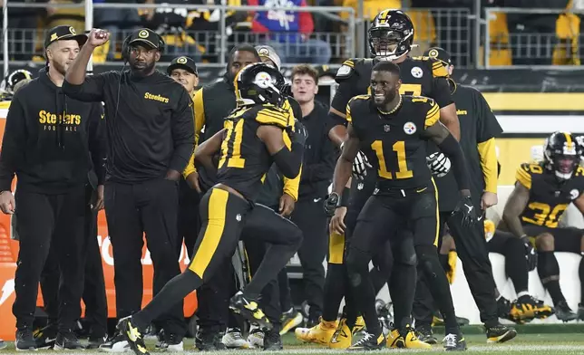 Pittsburgh Steelers cornerback Beanie Bishop Jr. (31) runs back with an intercepted pass during the second half of an NFL football game against the New York Giants, Monday, Oct. 28, 2024, in Pittsburgh. (AP Photo/Matt Freed)