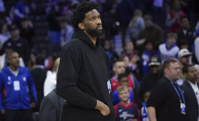 Philadelphia 76ers' Joel Embiid looks over the court after an NBA basketball game against the Memphis Grizzlies, Saturday, Nov. 2, 2024, in Philadelphia. (AP Photo/Matt Slocum)