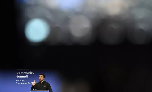 Ukraine's President Volodymyr Zelenskyy speaks during a press conference during the European Political Community (EPC) Summit at the Puskas Arena in Budapest , Hungary, Thursday, Nov. 7, 2024. (AP Photo/Denes Erdos)