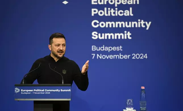 Ukraine's President Volodymyr Zelenskyy speaks during a press conference during the European Political Community (EPC) Summit at the Puskas Arena in Budapest , Hungary, Thursday, Nov. 7, 2024. (AP Photo/Denes Erdos)