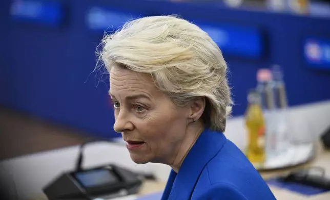 European Commission President Ursula von der Leyen waits for the start of a plenary session during an EU Summit at the Puskas Arena in Budapest, Friday, Nov. 8, 2024. (AP Photo/Denes Erdos)