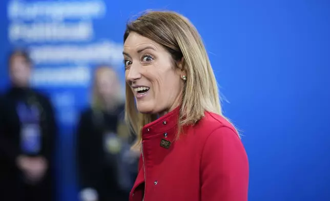 European Parliament President Roberta Metsola arrives for the European Political Community (EPC) Summit at the Puskas Arena in Budapest, Hungary, Thursday, Nov. 7, 2024. (AP Photo/Petr Josek)