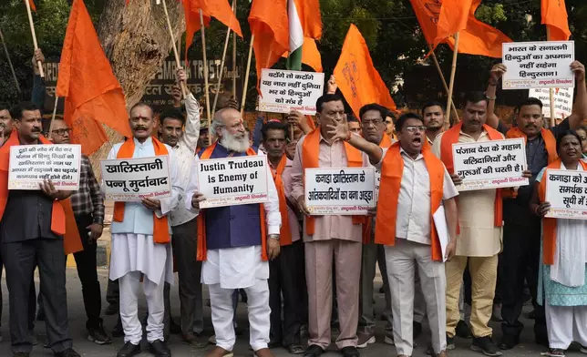 Activists of United Hindu Front, a right wing group reacting to Canada’s allegation that Indian Home Minister Amit Shah ordered the targeting of Sikh activists inside Canada, hold placards during a protest in New Delhi, India, Tuesday, Nov. 5, 2024. (AP Photo/Manish Swarup)