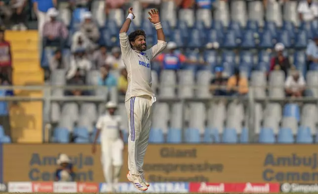 India's Ravindra Jadeja reacts after bowling a delivery during the second day of the third cricket test match between India and New Zealand at Wankhede Stadium, in Mumbai, India, Saturday, Nov. 2, 2024.(AP Photo/Rajanish Kakade)