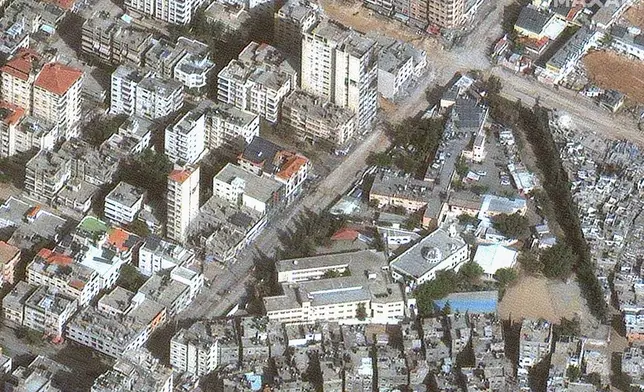 This satellite image released by Maxar Technologies shows al-Nasr Children's Hospital in Gaza City, top right, before an Israeli raid in late 2023. (Satellite image ©2024 Maxar Technologies via AP)