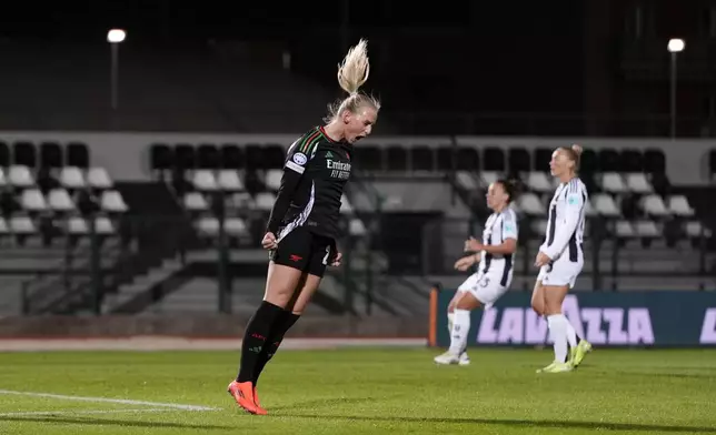 Arsenal's Stina Blackstenius celebrates scoring her side's second goal during the women's Champions League soccer match between Juventus and Arsenal at the Vittorio Pozzo La Marmora Stadium in Biella, Italy, Tuesday, Nov. 12, 2024. (Fabio Ferrari/LaPresse via AP)