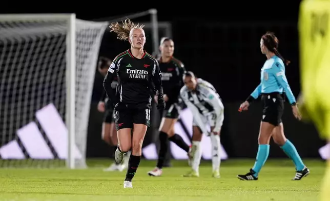 Arsenal's Frida Leonhardsen Maanum celebrates after scoring during the women's Champions League soccer match between Juventus and Arsenal at the Vittorio Pozzo La Marmora Stadium in Biella, Italy, Tuesday, Nov. 12, 2024. (Fabio Ferrari/LaPresse via AP)