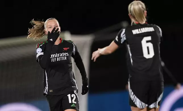 Arsenal's Frida Leonhardsen Maanum celebrates after scoring during the women's Champions League soccer match between Juventus and Arsenal at the Vittorio Pozzo La Marmora Stadium in Biella, Italy, Tuesday, Nov. 12, 2024. (Fabio Ferrari/LaPresse via AP)