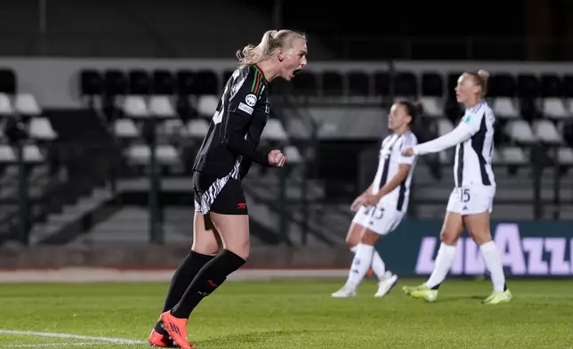 Arsenal's Stina Blackstenius scores her side's second goal during the women's Champions League soccer match between Juventus and Arsenal at the Vittorio Pozzo La Marmora Stadium in Biella, Italy, Tuesday, Nov. 12, 2024. (Fabio Ferrari/LaPresse via AP)