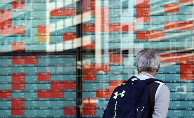 A person looks at an electronic stock board showing Japan's Nikkei index at a securities firm Wednesday, Nov. 13, 2024, in Tokyo. (AP Photo/Eugene Hoshiko)