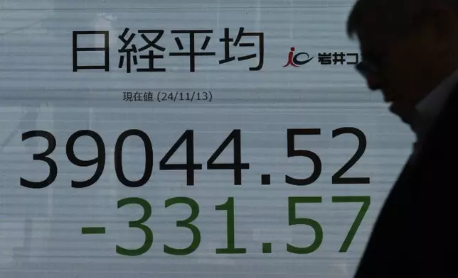 A person walks in front of an electronic stock board showing Japan's Nikkei index at a securities firm Wednesday, Nov. 13, 2024, in Tokyo. (AP Photo/Eugene Hoshiko)