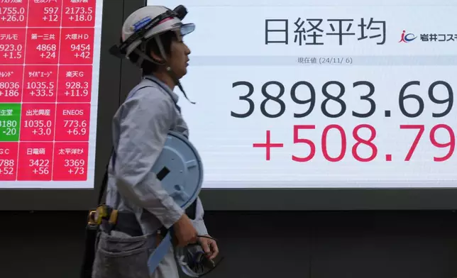 A man walks past an electronic stock board showing Japan's Nikkei 225 index at a securities firm Wednesday, Nov. 6, 2024 in Tokyo. (AP Photo/Shuji Kajiyama)