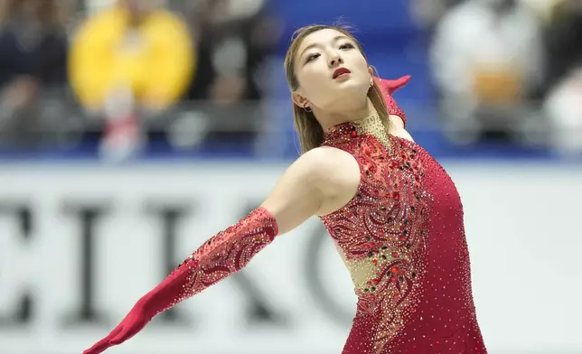 Kaori Sakamoto of Japan competes in the women's short program at the Grand Prix of Figure Skating series competition in Tokyo, Japan, Friday, Nov. 8, 2024. (AP Photo/Hiro Komae)