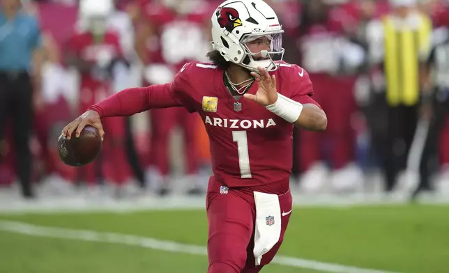 Arizona Cardinals quarterback Kyler Murray looks to pass against the New York Jets during the first half of an NFL football game, Sunday, Nov. 10, 2024, in Glendale, Ariz. (AP Photo/Ross D. Franklin)