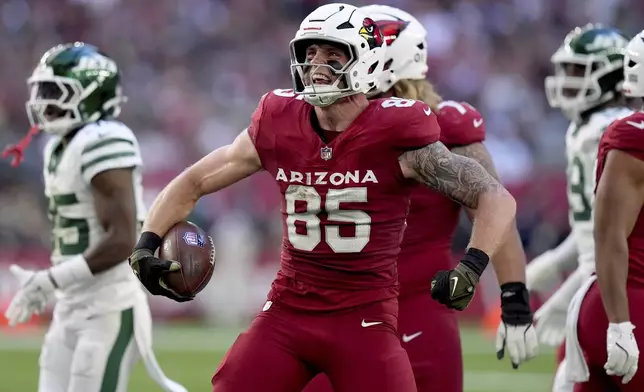 Arizona Cardinals tight end Trey McBride (85) celebrates a first down against the New York Jets during the first half of an NFL football game, Sunday, Nov. 10, 2024, in Glendale, Ariz. (AP Photo/Brynn Anderson)