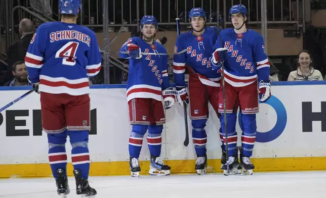 New York Rangers' Will Cuylle, second from right, celebrates his goal with teammates Filip Chytil, right, Zac Jones, second from left, and Braden Schneider (4) during the first period of an NHL hockey game against the Winnipeg Jets Tuesday, Nov. 12, 2024, in New York. (AP Photo/Seth Wenig)