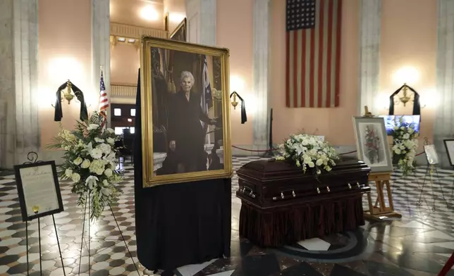 The casket for former Ohio speaker of the House Jo Ann Davidson lie in state in the rotunda of the Ohio Statehouse in Columbus, Ohio, Thursday, Oct. 31, 2024. (AP Photo/Paul Vernon)
