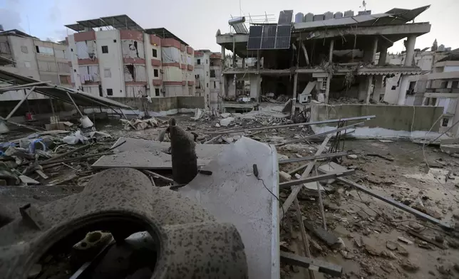 A destroyed building hit in an Israeli airstrike, in the southern port city of Sidon, Lebanon, Sunday, Nov. 3, 2024. (AP Photo/Mohammed Zaatari)