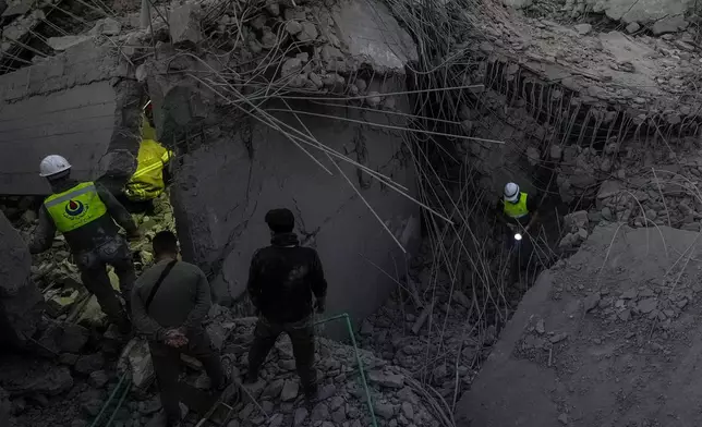 Rescue workers search for victims at a house hit in an Israeli airstrike in Baalchmay village east of Beirut, Lebanon, Tuesday, Nov. 12, 2024. (AP Photo/Hassan Ammar)