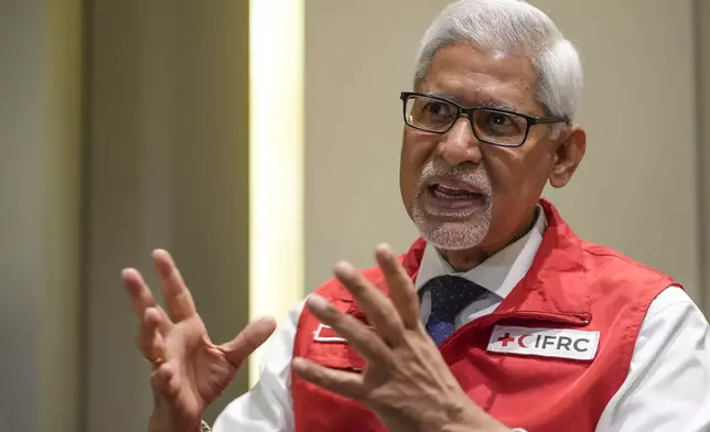 Jagan Chapagain, Secretary-General of the International Federation of Red Cross and Red Crescent Societies (IFRC) speaks during an interview with The Associated Press, in Beirut, Lebanon, Tuesday, Nov. 5, 2024. (AP Photo/Hassan Ammar)