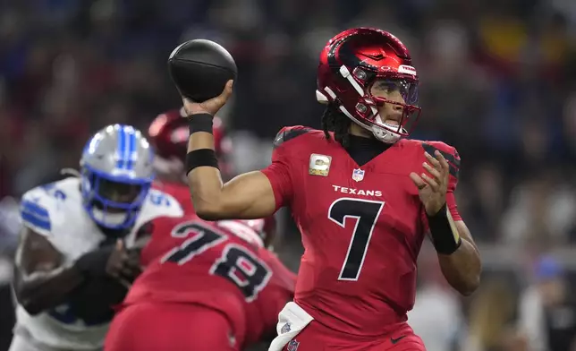 Houston Texans quarterback C.J. Stroud throws a pass during the first half of an NFL football game against the Detroit Lions, Sunday, Nov. 10, 2024, in Houston. (AP Photo/Eric Christian Smith)