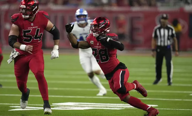 Houston Texans running back Joe Mixon (28) runs for a first down during the first half of an NFL football game against the Detroit Lions, Sunday, Nov. 10, 2024, in Houston. (AP Photo/David J. Phillip)