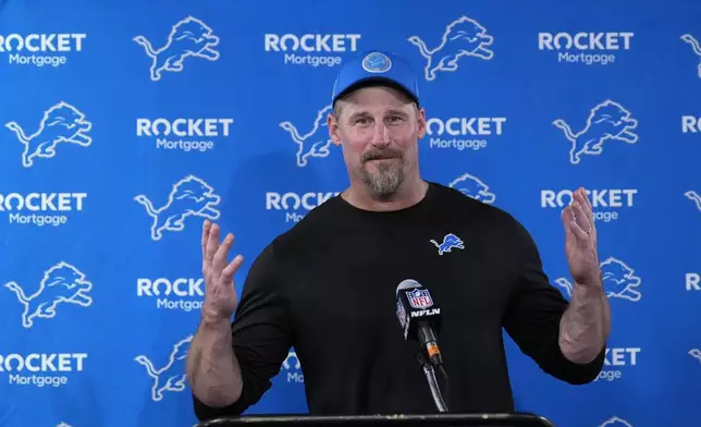 Detroit Lions head coach Dan Campbell speaks during a news conference after an NFL football game against the Houston Texans, Sunday, Nov. 10, 2024, in Houston. The Lions won 26-23. (AP Photo/David J. Phillip)