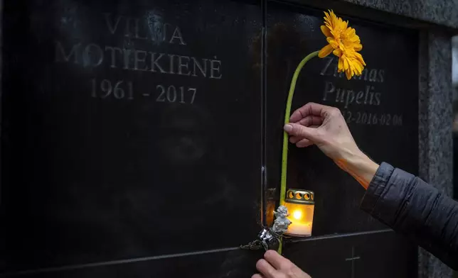 A woman lights a candle and place a flower at a grave during All Saints Day, at the cemetery in Vilnius, Lithuania, Friday, Nov. 1, 2024. (AP Photo/Mindaugas Kulbis)