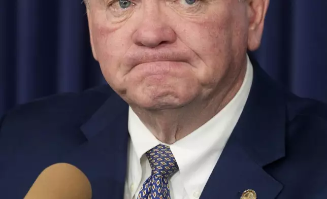 Newly sworn-in Chief of Police James McDonnell takes questions from the media after Los Angeles City Council confirmed him as the city's new police chief at a Council's public safety committee meeting on Friday, Nov. 8, 2024, in Los Angeles. (AP Photo/Damian Dovarganes)