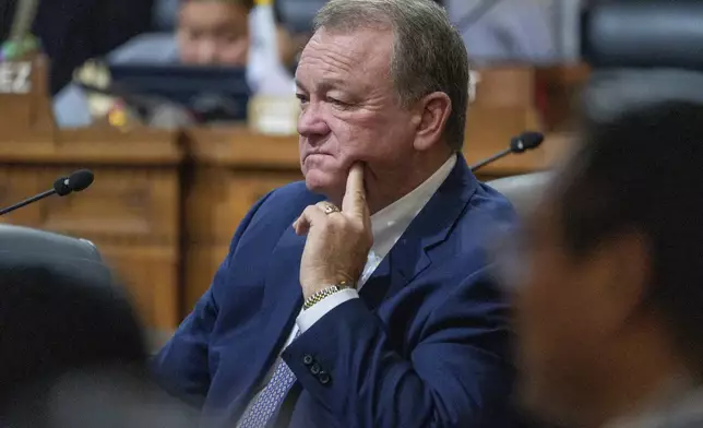 Members of the Los Angeles City Council question former county Sheriff James McDonnell during a meeting of the Council's public safety committee on Friday, Nov. 8, 2024, in Los Angeles. (AP Photo/Damian Dovarganes)