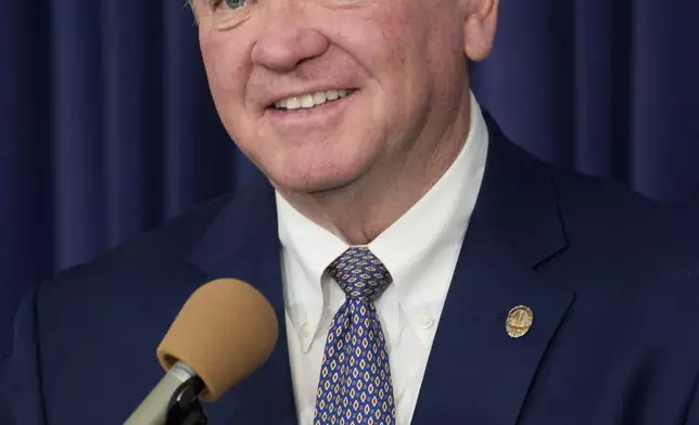 Newly sworn-in Chief of Police James McDonnell takes questions from the media after Los Angeles City Council confirmed him as the city's new police chief at a Council's public safety committee meeting on Friday, Nov. 8, 2024, in Los Angeles. (AP Photo/Damian Dovarganes)