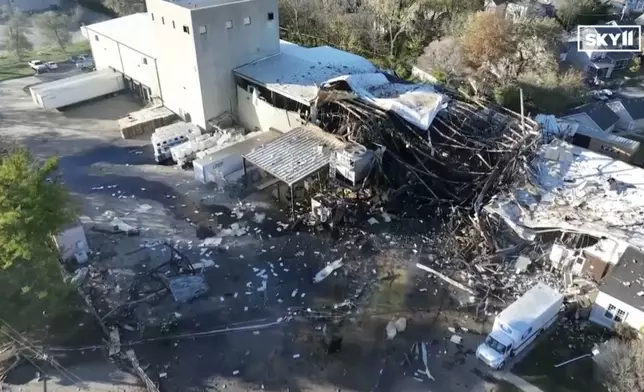 This image taken from video from WHAS 11 News shows damage after an explosion injured multiple employees at Givaudan Sense Color, Tuesday, Nov. 12, 2024, in Louisville, Ky. (WHAS 11 News via AP)