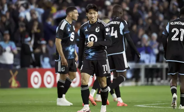 Minnesota United forward Jeong Sang-Bin (11) waits to kick a penalty shot during a shoot out in a first-round soccer match of the MLS Cup playoffs against Real Salt Lake in St. Paul, Minn., Saturday, Nov. 2, 2024. (AP Photo/Ellen Schmidt)
