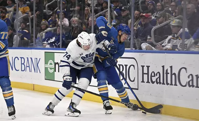 St. Louis Blues' Alexey Toropchenko (13), right, and Toronto Maple Leafs' Bobby McMann (74) battle for the puck during the first period of an NHL hockey game Saturday, Nov. 2, 2024, in St. Louis. (AP Photo/Connor Hamilton)