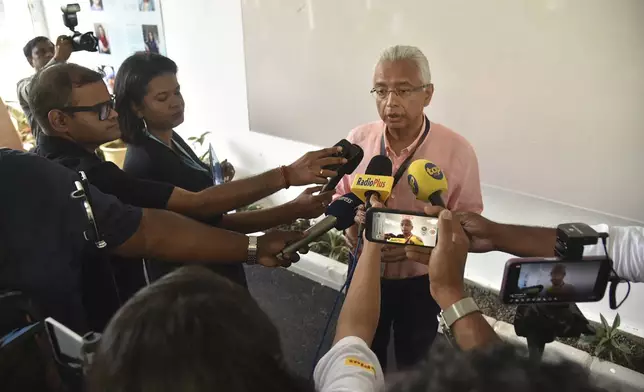 Mauritian Prime Minister Pravind Jagnauth speaks to the press in Port Louis, Monday Nov. 11, 2024. (La Sentinelle via AP)