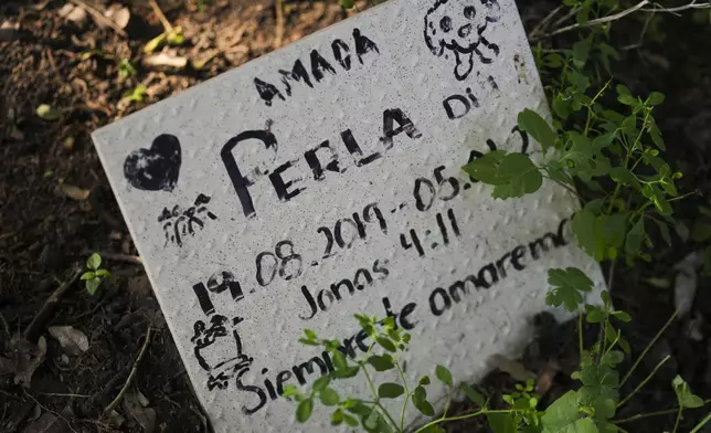 A grave marker identifies where pet dog Perla is buried, with an epitaph that reads in Spanish: ¨Beloved Perla, we will always love you¨, at a pet cemetery in Mexico City, Tuesday, Oct. 29, 2024. (AP Photo/Fernando Llano)