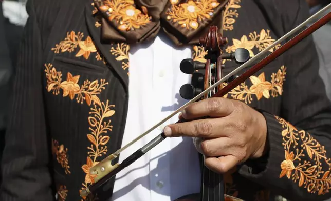 Musicians gather to break the record of most mariachis performing in unison, at the Zocalo, Mexico City's main square, Sunday, Nov. 10, 2024. (AP Photo/Ginnette Riquelme)