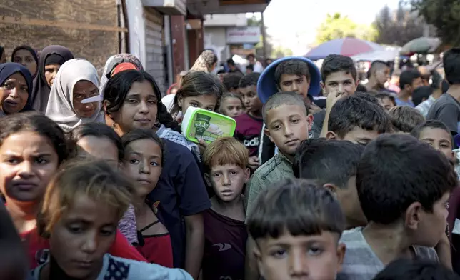 FILE - Palestinians line up for food distribution in Deir al-Balah, Gaza Strip, on Oct. 17, 2024. (AP Photo/Abdel Kareem Hana, file)