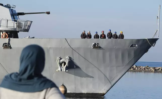 The Italian navy ship Libra arrives at the port of Shengjin, northwestern Albania, Friday, Nov. 8, 2024, with the second group of eight migrants intercepted in international waters to be processed there in a reception facility despite the failure with the first group in October.(AP Photo/Vlasov Sulaj)