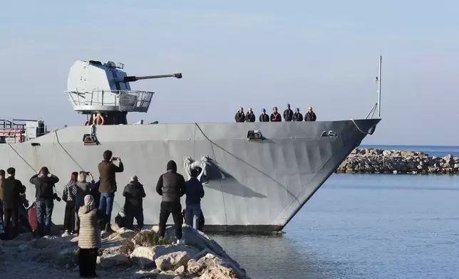 The Italian navy ship Libra arrives at the port of Shengjin, northwestern Albania, Friday, Nov. 8, 2024, with the second group of eight migrants intercepted in international waters to be processed there in a reception facility despite the failure with the first group in October.(AP Photo/Vlasov Sulaj)