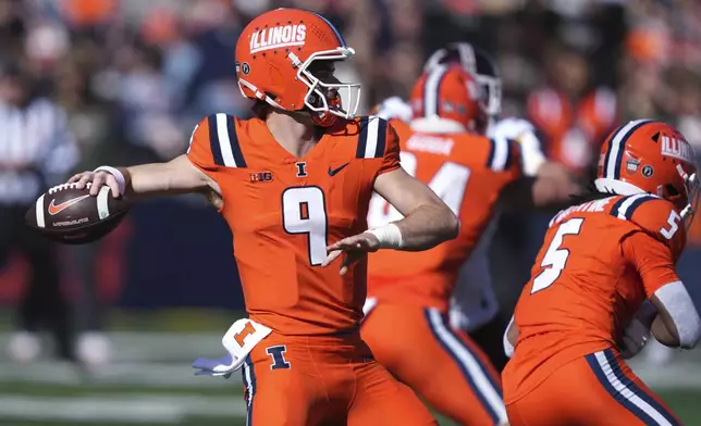 Illinois quarterback Luke Altmyer passes during the first half of an NCAA college football game against Minnesota on Saturday, Nov. 2, 2024, in Champaign, Ill. (AP Photo/Charles Rex Arbogast)