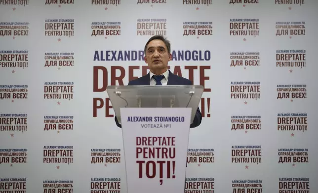 Alexandr Stoianoglo, presidential candidate of the Socialists' Party of Moldova (PSRM) delivers a statement at the party headquarters in Chisinau, Moldova, Oct. 18, 2024. (AP Photo/Vadim Ghirda)