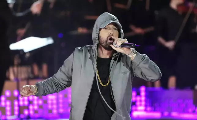 FILE - Eminem performs during "Live From Detroit: The Concert at Michigan Central," on June 6, 2024, in Detroit. (AP Photo/Carlos Osorio, File)