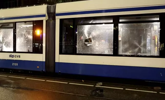 This image taken from video shows a damaged tram in Amsterdam, Monday Nov. 11, 2024, as the city is facing tensions following violence last week. (AP Photo)