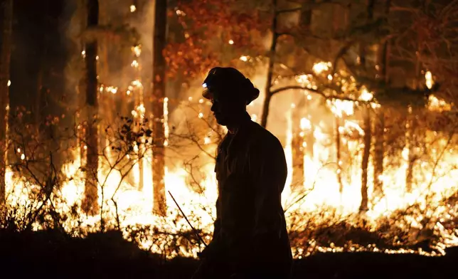 This photo provided by NJ Department of Environmental Protection. a firefighter is silhouetted against a forest fire on Wednesday, Nov. 6, 2024 in Evesham, N.J. (New Jersey Department of Environmental Protection via AP)(NJ Department of Environmental Protection via AP)